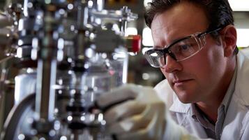 A scientist in a lab examining a sample of gas produced through biomass gasification using equipment and machinery to analyze its composition. photo