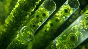 A closeup of an algae culture inside a bioreactor reveals the intricate network of tubes and pumps that circulate the necessary nutrients and ensure optimal growth conditions. The photo