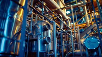 A large industrial fermentation tank filled with bubbling liquid connected to a series of pipes and machines. A sign above reads cellulosic ethanol production using bioengineered yeast photo