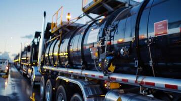A truck hauling large cylindrical tanks of biocrude oil with a label on the side that reads Biofuel from Hydrothermal Liquefaction. photo