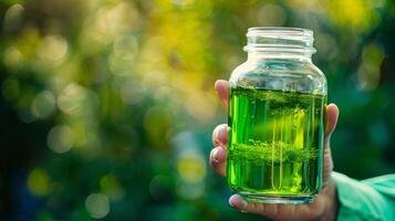 A closeup of a hand holding a glass jar filled with a vibrant green liquid. The liquid is derived from energy algae and is being tested as a potential biofuel source offering a promising photo