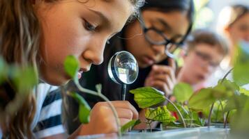 A closeup shot of a student using a magnifying glass to examine a leaf while their classmates gather around to learn about the types of plants that can be used to produce biofuel. photo