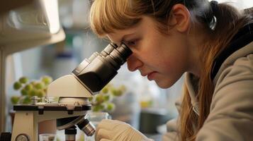 un estudiante es utilizando un microscopio a examinar microorganismos en un suelo muestra cuales ellos plan en utilizando a crear un basado en microbios biocombustible foto