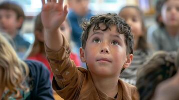 A child raises their hand to answer a question about the environmental impact of traditional fossil fuels while the rest of the class eagerly listens in a classroom setting. photo