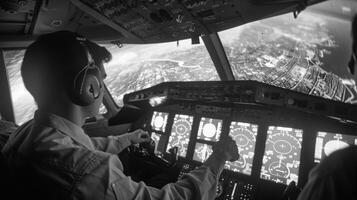 Pilots training in a flight simulator learning how to fly using biofuels and tingedge energyefficient techniques. photo