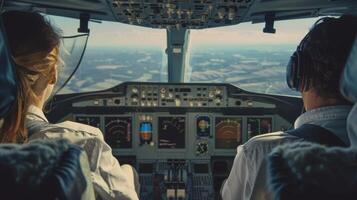 A pilot and copilot in the cockpit of an airplane looking out the window at a beautiful landscape below. A small sign on the dashboard reminds them to refuel with biofuel for cleaner photo