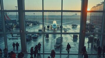 A bustling airport terminal with passengers waiting for their flights and planes taxiing on the runway. However the majority of the planes are powered by biofuels showcasing the photo