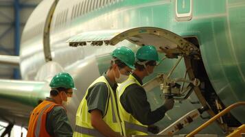 A group of engineers and technicians working on a maintenance inspection of a biofuelpowered plane testing and finetuning the sustainable energy systems. They are all wearing green photo