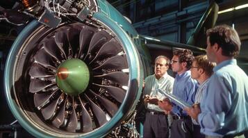 un grupo de aerolínea ingenieros y técnicos reunir alrededor un teñido de verde chorro motor que se discute el beneficios y avances de biocombustible en moderno aviación. foto