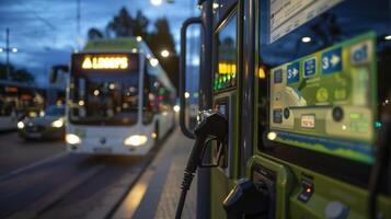 A closeup image of a biofuel pump with a label showcasing its renewable and sustainable energy source. In the background a line of public transportation vehicles can be seen waiting photo