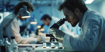A laboratory scene featuring scientists in lab coats intently observing small cultures of microbes through microscopes. They carefully control and nurture these microscopic organisms photo
