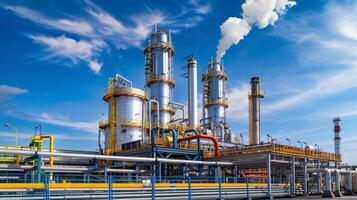 A striking image of a biofuel refinery with towering tanks and pipelines. However upon closer inspection it is revealed that the refinery is powered by a system of pipes and tanks photo