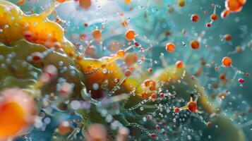 A visualization of the process of fermentation where sugars from plant materials are broken down by microorganisms to produce bioethanol. The microscopic organisms are hard at work photo