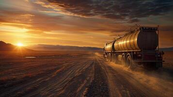 A brave driver traversing through a vast desert landscape in a biodieselpowered truck with a long line of fuel tanks hooked up to the back. The sun sets in the distance casting a golden photo