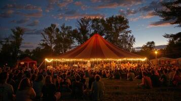 A comedy show takes place inside a tent powered by a large biodieselpowered generator with comedians poking fun at environmental issues and encouraging the use of alternative fuels. photo