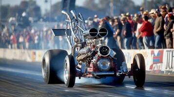 The sound of a roaring engine fills the air as a biofuelpowered dragster speeds down a track showcasing the power and potential of alternative fuels. Crowds gather to watch and learn photo
