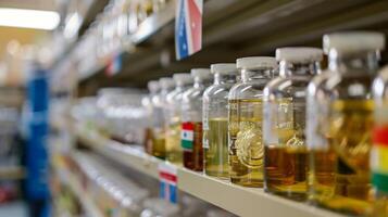 A shelf in a laboratory stacked with beakers bottles and containers filled with various biofuel samples. Attached to each container is a flag representing the joint venture of countries photo