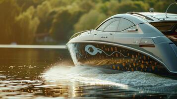 A closeup shot of a sleek and modern biofuel boat ting through the water leaving a small wake behind it. The boat is adorned with ecofriendly decals and symbols representing the photo