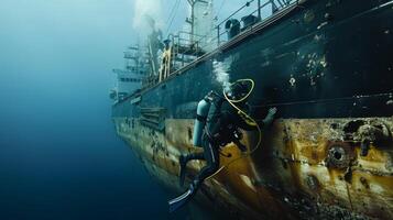 A diver wearing a specialized apparatus attached to a large tanker ship collecting waste and converting it into biofuel. The ship is marked with a symbol for reduced carbon emissions photo