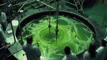 A group of scientists in lab coats crowded around a large tank filled with swirling green liquid. Tubes and wires connected to the tank lead to various machines and devices as the photo