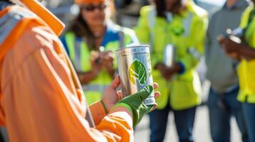 Inside a disaster relief base a worker holds up a canister of biofuel explaining its benefits to a group of volunteers. The container is labeled with a green leaf symbol signifying photo