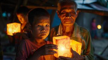 In a remote village devastated by a recent disaster a group of volunteers distribute biofuel lanterns to families who have lost all sources of electricity. The lanterns bring a sense photo