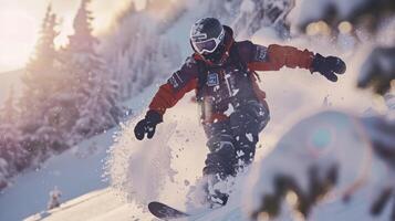 A snowboarder deftly carves through a snowy mountain with a sticker on their board reading Sustainable Shredding and a reference to biofuel as their source of energy. photo