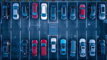 An overhead view of a bustling sports arena with rows of parking spaces filled with electric cars charging off of solarpowered charging stations. photo