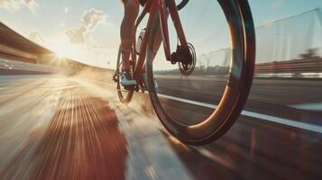 A cyclist racing down a track their bike powered by an innovative biofuel technology leaving a trail of sustainable exhaust behind as they speed towards the finish line. photo