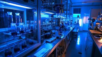 A futuristic laboratory with advanced machinery and equipment capturing the innovative technology being used to explore biofuel molecular balance. photo