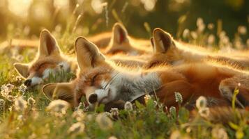 A fox family luxuriates in the warm sun their thick fur glistening as they roll playfully in a nearby meadow dotted with wild berry bushes. photo
