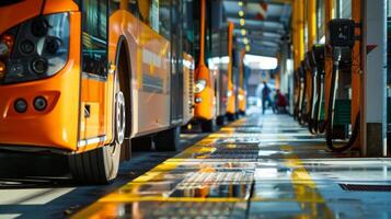 A bus depot with a designated Biofuel Fueling area where workers fill up the buses with the renewable and sustainable energy source. photo