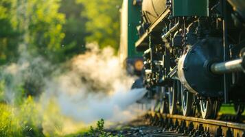 A closeup of the trains engine reveals biofuel tanks and pipes emitting clean and ecofriendly steam. The surrounding railway is covered in vibrant greenery suggesting a harmonious photo