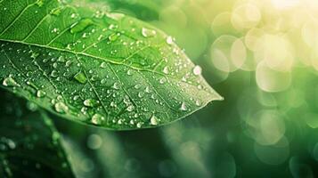 A closeup shot of a leaf covered in droplets of water highlighting the natural process of photosynthesis and its ability to convert carbon dioxide into oxygen. The text reads Biofuels photo
