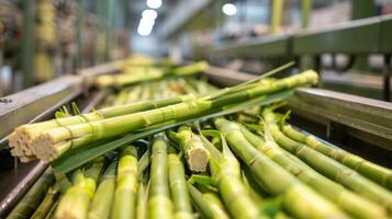 A conveyor belt system transports bundles of tall green stalks into a large processing machine as researchers work to extract the most energyefficient components for biofuel production. photo