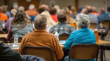 A community meeting is being held in a small town to discuss the benefits of investing in rural development and biofuel production. The attendees are engaged and excited about the photo