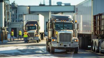 A line of trucks parked outside a loading dock at a busy biofuel distribution center. Workers in reflective vests are loading containers onto the trucks showcasing the logistics and photo
