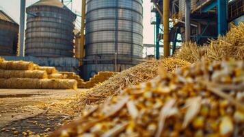 Silos and stacks of dried corn sugarcane and other crops waiting to be processed and transformed into biofuel in factories around the world. photo