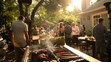 A backyard barbecue is taking place at a residential home with friends and family gathered around a grill. However instead of propane or charcoal the grill is powered by a new type photo