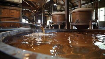 Next the liquid is transferred to a large vat where it is mixed with other ingredients and allowed to ferment. photo