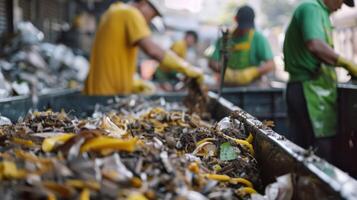 In a busy city a group of workers are shown sorting through waste and separating organic materials for composting. The message is clear even waste can be repurposed for positive impact photo