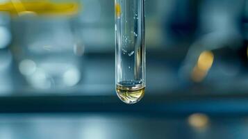A closeup of a test tube containing a clear liquid and a floating layer of biobutanol on top demonstrates the separation process involved in refining the biofuel. photo