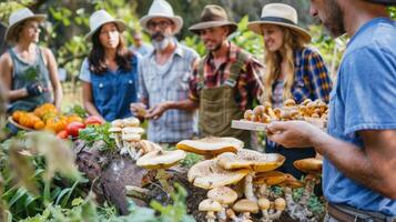 A group of people dressed in gardening gear gather around a mushroom log inoculation station learning the process of integrating mushroom cultivation into a permaculture system as photo