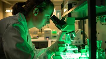 A scientist in a lab coat looking into a microscope at biofuel cells that are glowing with a bright green light demonstrating the tingedge technology and potential for biofuel to power photo