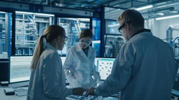 A team of scientists in lab coats discuss the data on a computer screen as a mobile processor in the background efficiently breaks down waste to produce sustainable fuel. photo