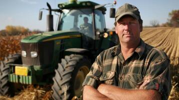 A farmer stands proudly in front of a tractor which runs on biofuel made from crops grown on his own land. By utilizing renewable energy he is able to reduce his dependence on photo