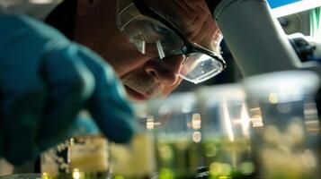 A scientist peers through a microscope at tiny bacteria cultures which are being used to breakdown organic waste and produce biogas that can be used as fuel. photo