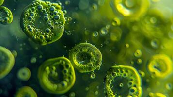 A closeup shot of green microalgae cells on a microscope slide highlighting their unique shape and structure. These tiny organisms are becoming a key player in the biofuel industry. photo