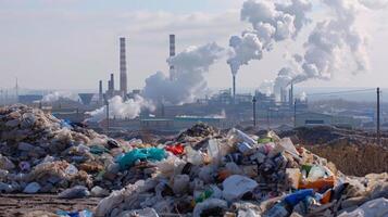 A landfill is shown with piles of garbage but in the distance there is a biofuel refinery plant with smokestacks emitting clean white steam. A caption reads Turning trash into treasure photo