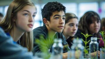 A group of students in a classroom participating in an interactive workshop on microalgae and its role in promoting green energy. The image represents how education plays a crucial photo